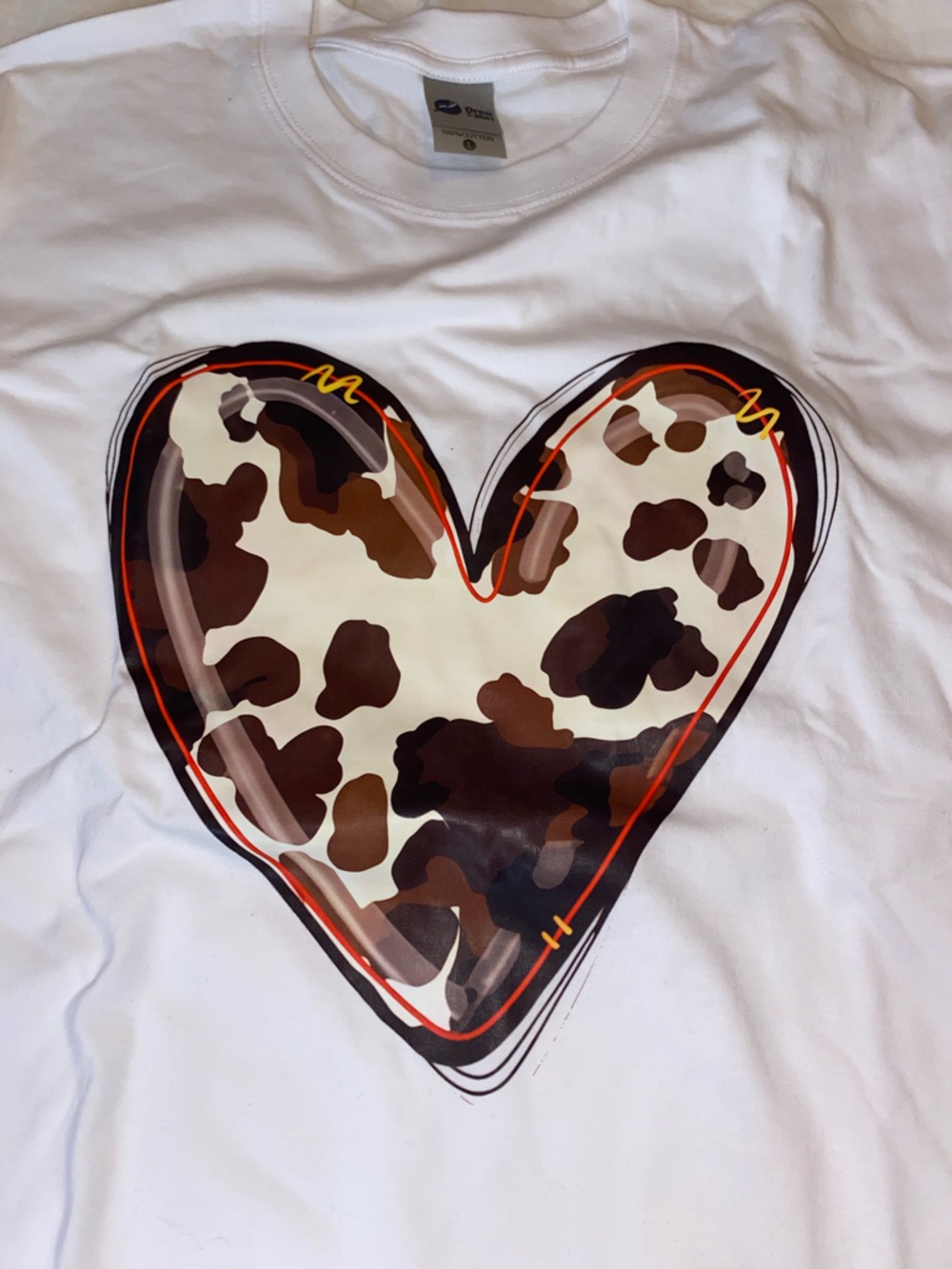 Women’s White Short Sleeve Tee with Cow Print Heart Graphic - Picture 2 of 5
